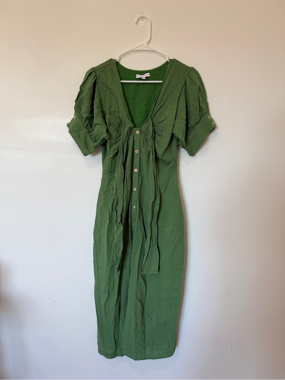Olive Green Button-Down Midi Dress with Tie Waist